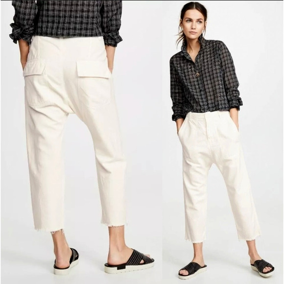 Nili Lotan 8 Slouchy LINEN Luna Pants Drop Crotch Cropped Cotton Eggshell White - Picture 1 of 9